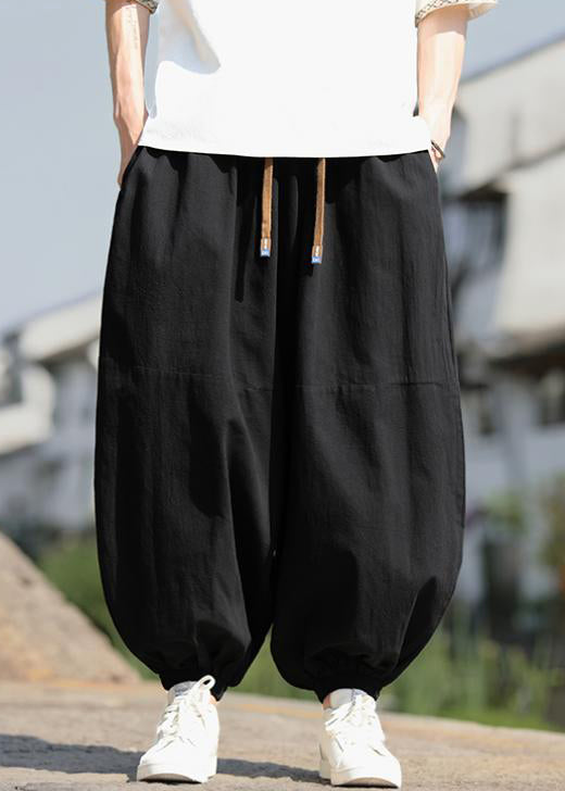 New Black Pockets Elastic Waist Cotton Mens Beam Pants Fall