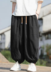 New Black Pockets Elastic Waist Cotton Mens Beam Pants Fall