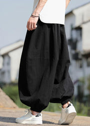 New Black Pockets Elastic Waist Cotton Mens Beam Pants Fall