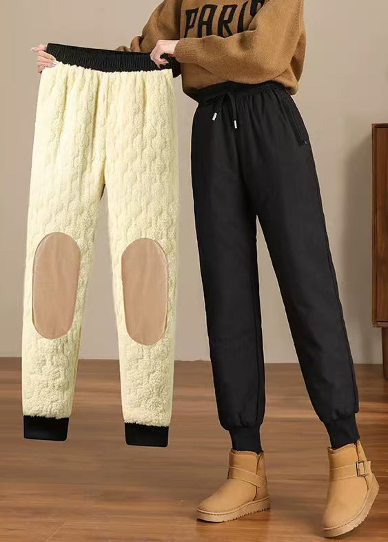 New Black Pockets Elastic Waist Thick Warm Fleece Beam Pants Winter