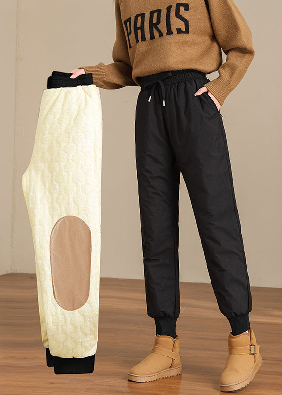 New Black Pockets Elastic Waist Thick Warm Fleece Beam Pants Winter