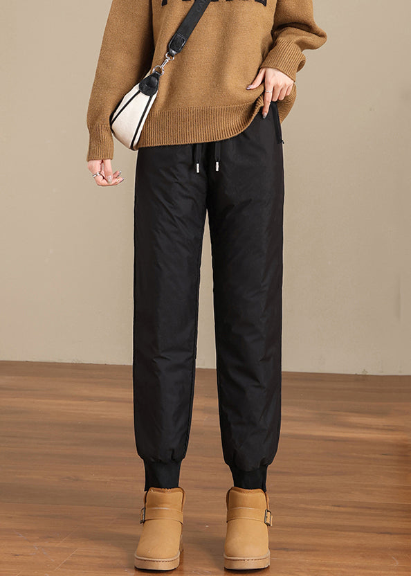 New Black Pockets Elastic Waist Thick Warm Fleece Beam Pants Winter