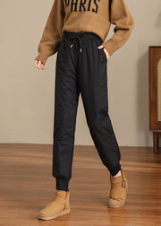 New Black Pockets Elastic Waist Thick Warm Fleece Beam Pants Winter