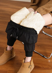 New Black Pockets Elastic Waist Thick Warm Fleece Beam Pants Winter