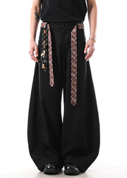New Black Pockets Sashes Cotton Mens Straight Pants Fall