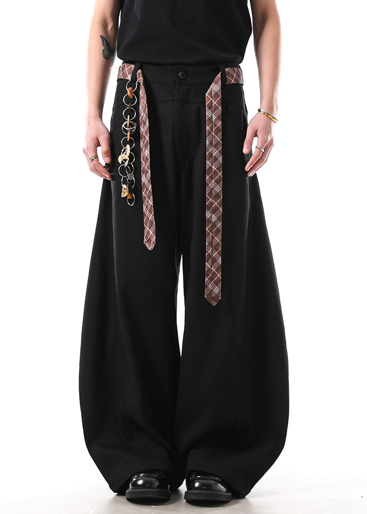 New Black Pockets Sashes Cotton Mens Straight Pants Fall