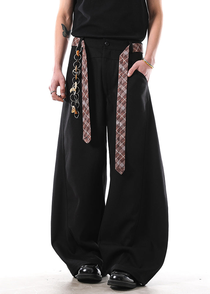 New Black Pockets Sashes Cotton Mens Straight Pants Fall