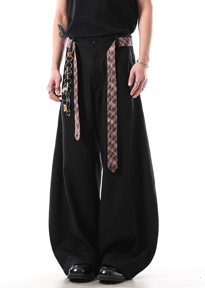 New Black Pockets Sashes Cotton Mens Straight Pants Fall