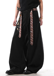 New Black Pockets Sashes Cotton Mens Straight Pants Fall