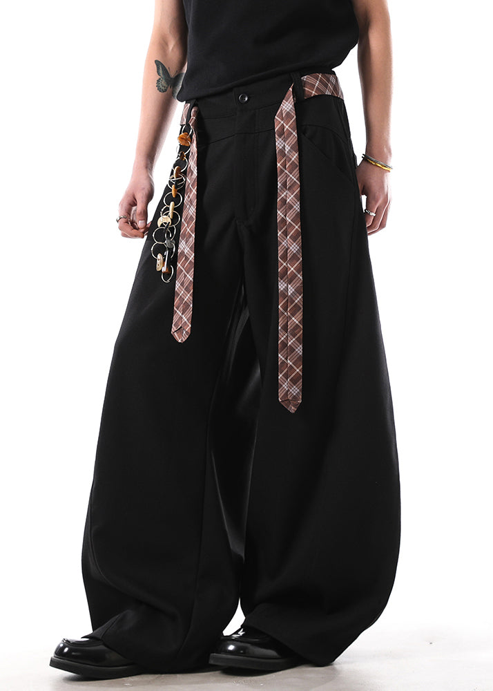 New Black Pockets Sashes Cotton Mens Straight Pants Fall
