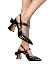 New Black Pointed Embossed Bow Chunky Heel Sandals