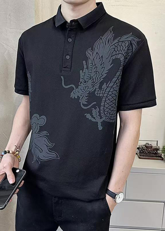 New Black Print Button Cotton Men Polo Shirt Summer