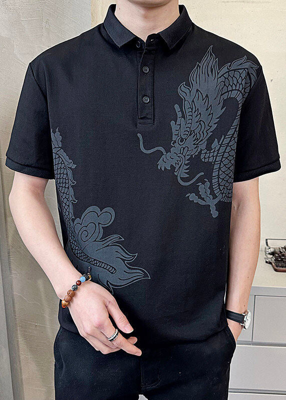 New Black Print Button Cotton Men Polo Shirt Summer