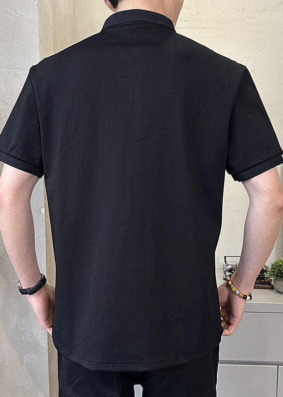 New Black Print Button Cotton Men Polo Shirt Summer