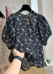 New Black Print Button Cotton Shirt Summer