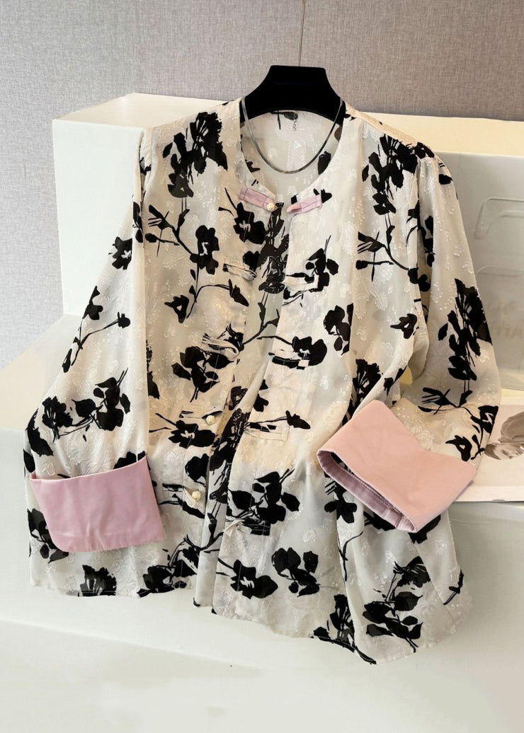 New Black Print Button Patchwork Cotton Blouse Fall