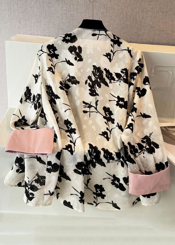 New Black Print Button Patchwork Cotton Blouse Fall