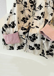 New Black Print Button Patchwork Cotton Blouse Fall