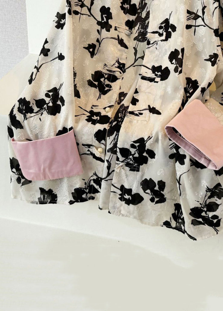 New Black Print Button Patchwork Cotton Blouse Fall