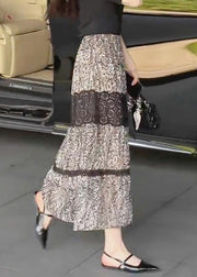 New Black Print Lace Elastic Waist Chiffon Skirt Summer