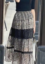 New Black Print Lace Elastic Waist Chiffon Skirt Summer