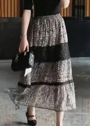 New Black Print Lace Elastic Waist Chiffon Skirt Summer