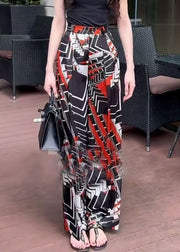New Black Print Pockets Elastic Waist Pants Summer