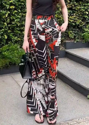 New Black Print Pockets Elastic Waist Pants Summer