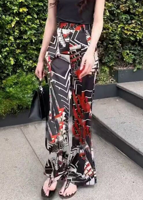 New Black Print Pockets Elastic Waist Pants Summer