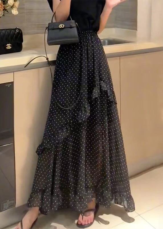 New Black Ruffled Dot Side Open Chiffon Skirt Summer