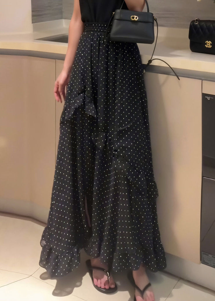 New Black Ruffled Dot Side Open Chiffon Skirt Summer