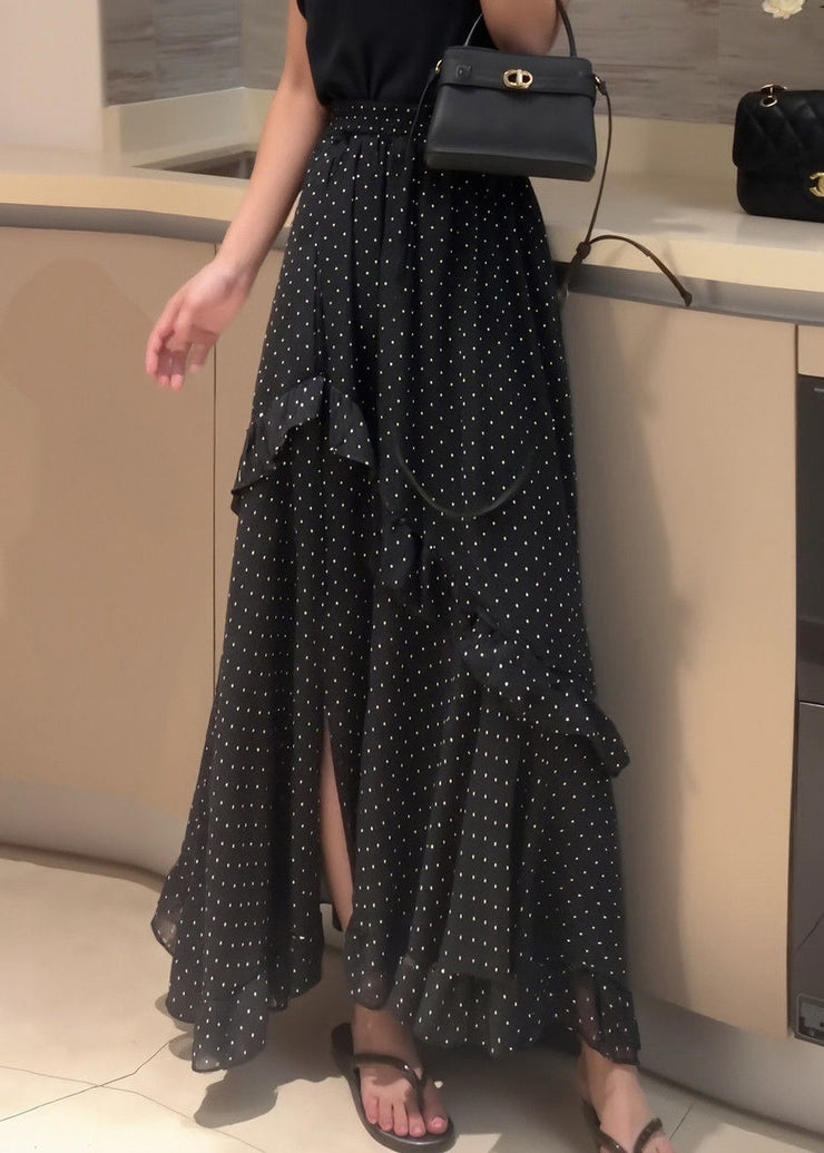 New Black Ruffled Dot Side Open Chiffon Skirt Summer