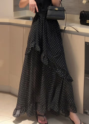New Black Ruffled Dot Side Open Chiffon Skirt Summer