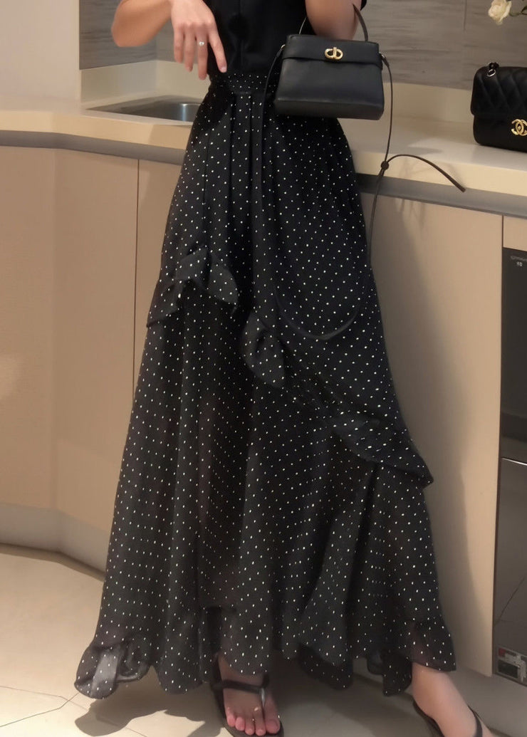New Black Ruffled Dot Side Open Chiffon Skirt Summer