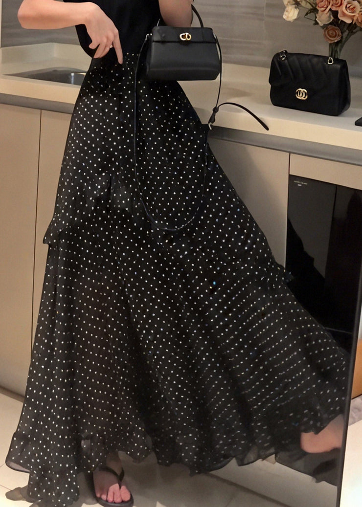 New Black Ruffled Dot Side Open Chiffon Skirt Summer