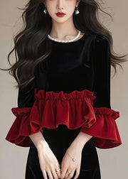 New Black Ruffled Tops And Skirts Patchwork Silk Velvet Two Pieces Set Fall