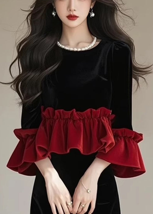 New Black Ruffled Tops And Skirts Patchwork Silk Velvet Two Pieces Set Fall