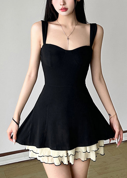 New Black Solid Tulle Patchwork Cotton Spaghetti Strap Dresses Sleeveless