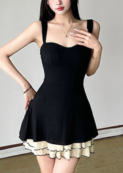 New Black Solid Tulle Patchwork Cotton Spaghetti Strap Dresses Sleeveless
