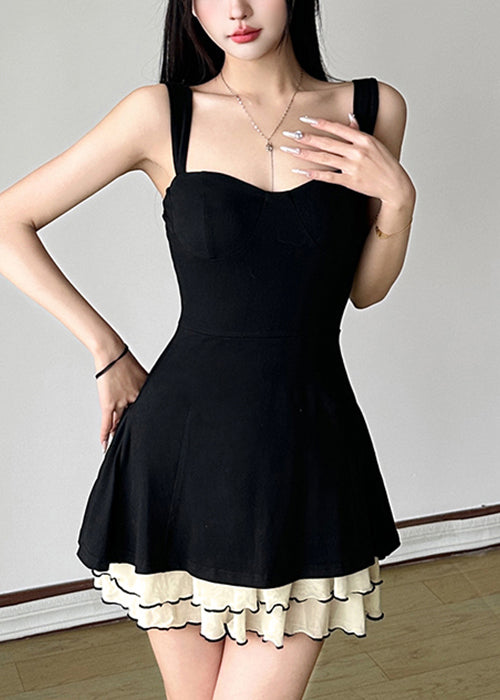 New Black Solid Tulle Patchwork Cotton Spaghetti Strap Dresses Sleeveless