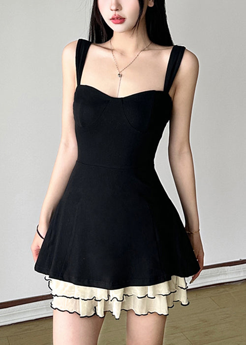 New Black Solid Tulle Patchwork Cotton Spaghetti Strap Dresses Sleeveless