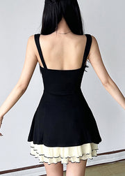 New Black Solid Tulle Patchwork Cotton Spaghetti Strap Dresses Sleeveless