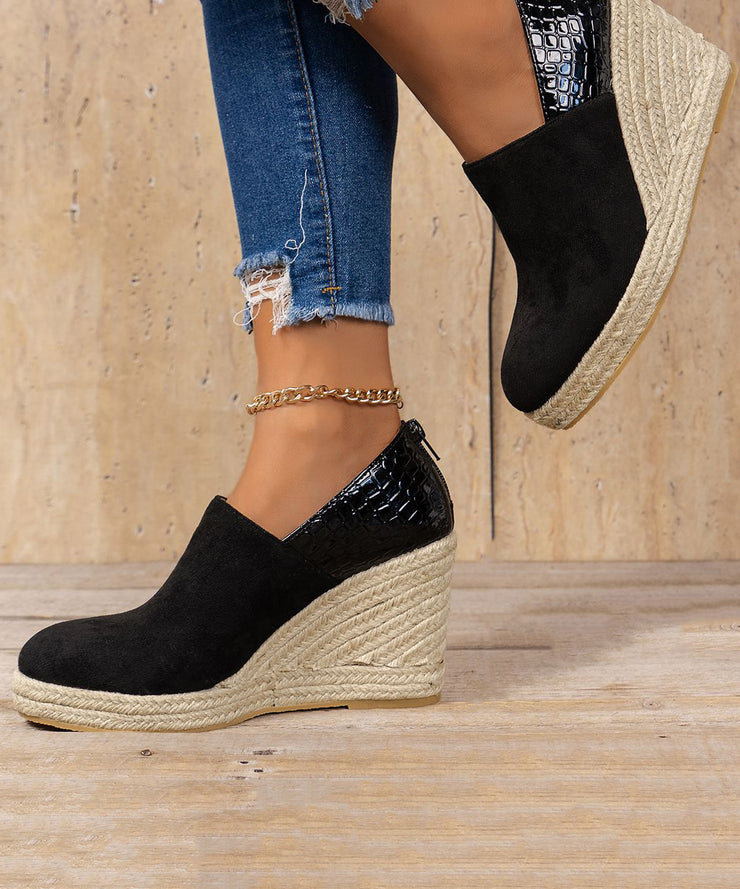 New Black Splicing Suede High Wedge Heels Shoes Zippered