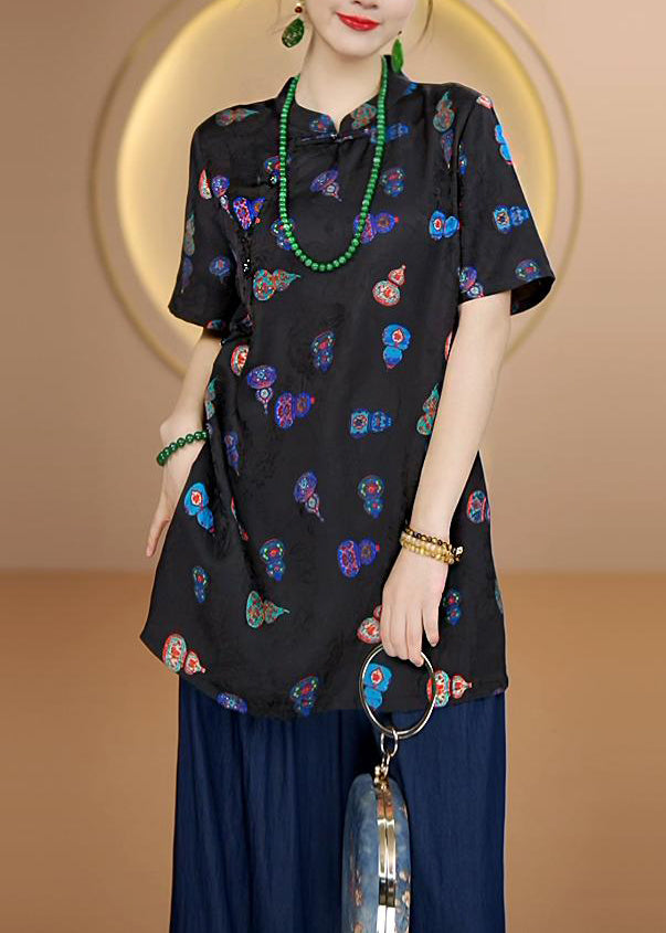 New Black Stand Collar Print Chinese Button Silk Shirt Tops Summer