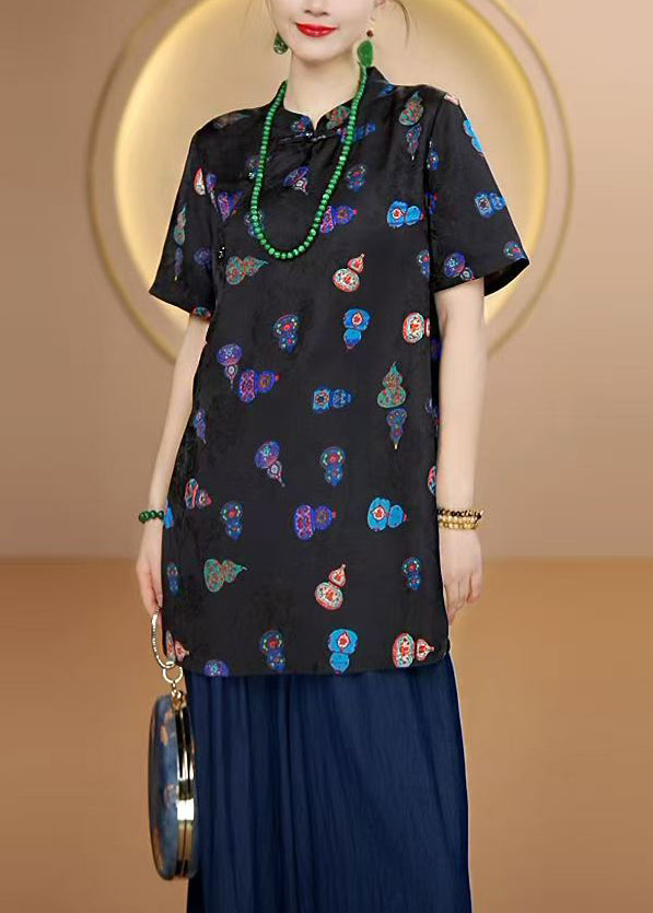 New Black Stand Collar Print Chinese Button Silk Shirt Tops Summer