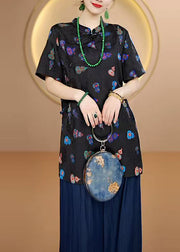 New Black Stand Collar Print Chinese Button Silk Shirt Tops Summer