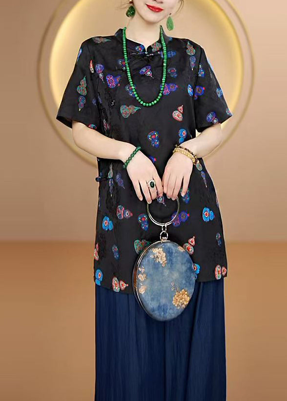 New Black Stand Collar Print Chinese Button Silk Shirt Tops Summer
