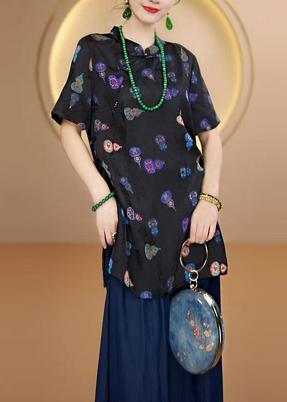 New Black Stand Collar Print Chinese Button Silk Shirt Tops Summer