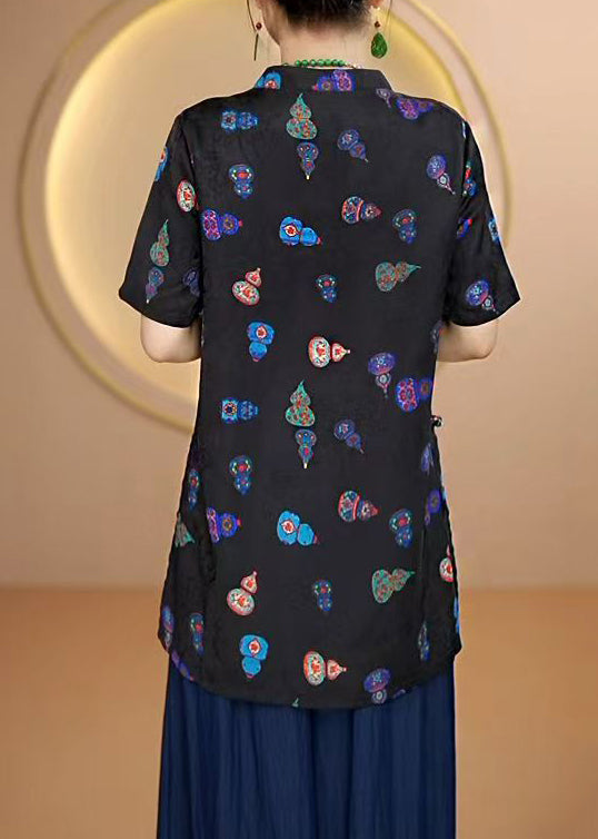 New Black Stand Collar Print Chinese Button Silk Shirt Tops Summer