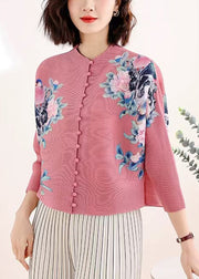 New Black Stand Collar Print Wrinkled Silk Tops Fall